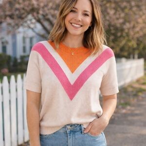 Joe Fresh Cream Orange Pink Knit Short Sleeve Sweater Retro Y2K Blouse Top Sz M